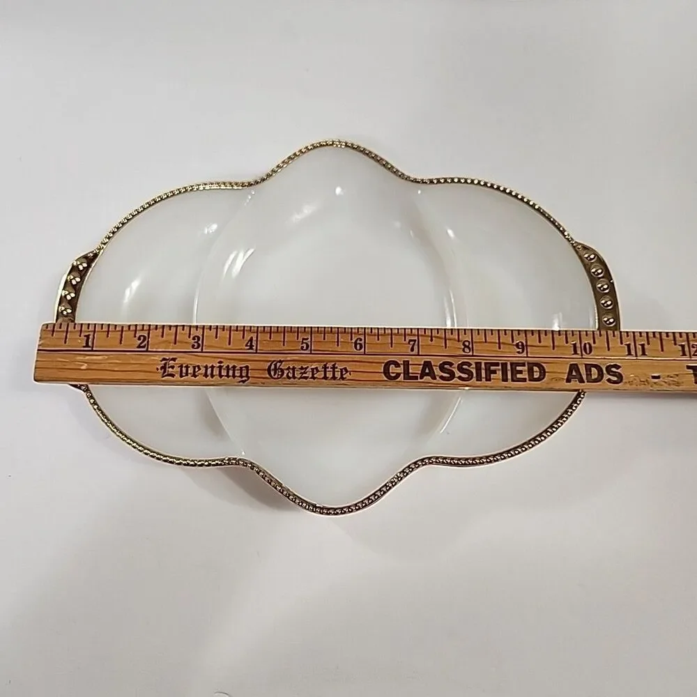 3 Pc Fire King Anchor Hocking (2) Divided Relish Dish Tray Gold Trim (1) Platter